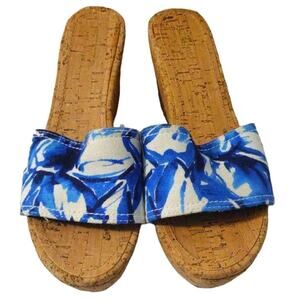 Sonoma Lifestyle Womens Slides Sandals Blue Fabric Floral Cork Wedge Slip On 7